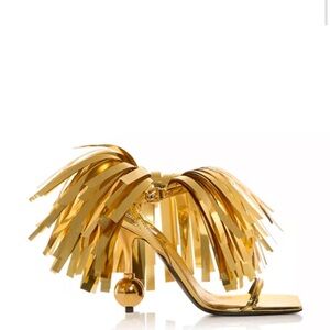 Moschino gold fringe sandals with square-toe and 95mm sculptural sphere heel